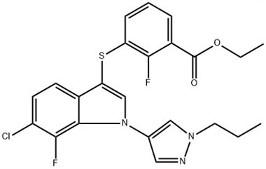 Acido benzoico, 3-[[6-cloro-7-fluoro-1-(1-propil-1H-pirazolo-4-il){ {8}}H-indol-3-il]tio]-2-fluoro-, etil estere (ACI) N. CAS: 1782070-73-8